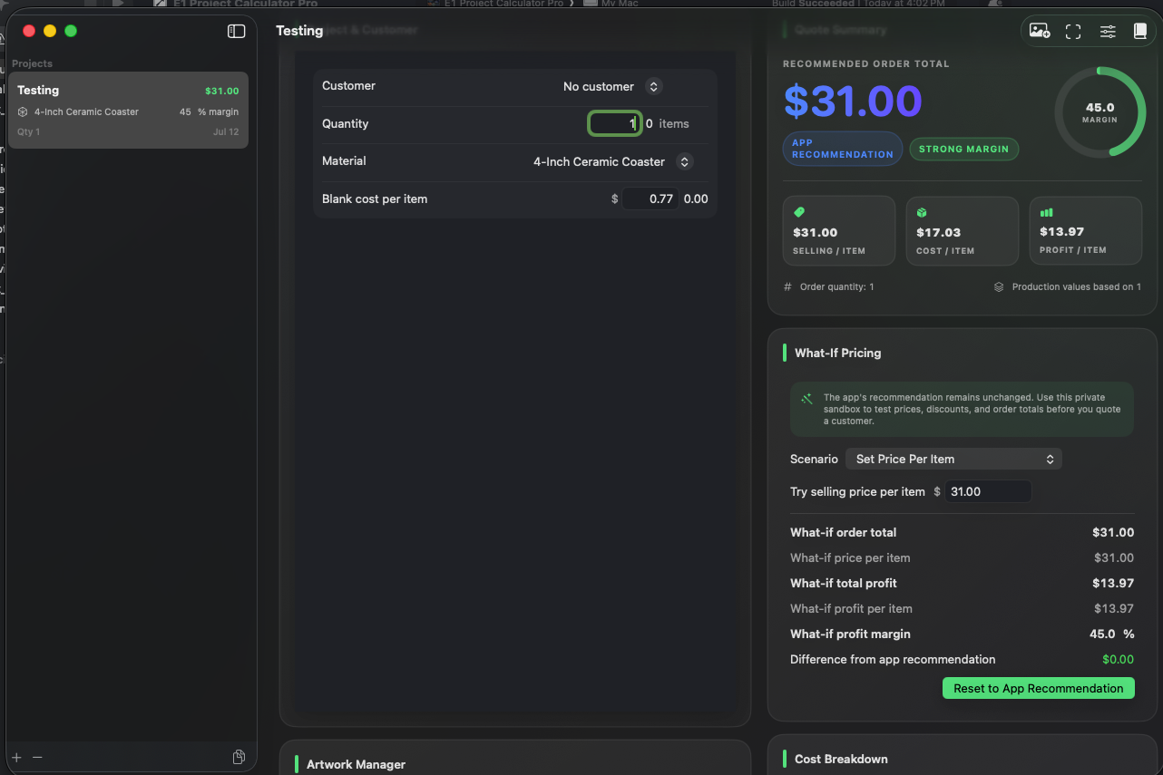 E1 Project Calculator Pro Version 3.0 dashboard showing quote summary and What-If pricing